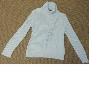 Womens DKNY Sweater Large Gray Cable Knit Fringed Long Sleeve High Neck Top